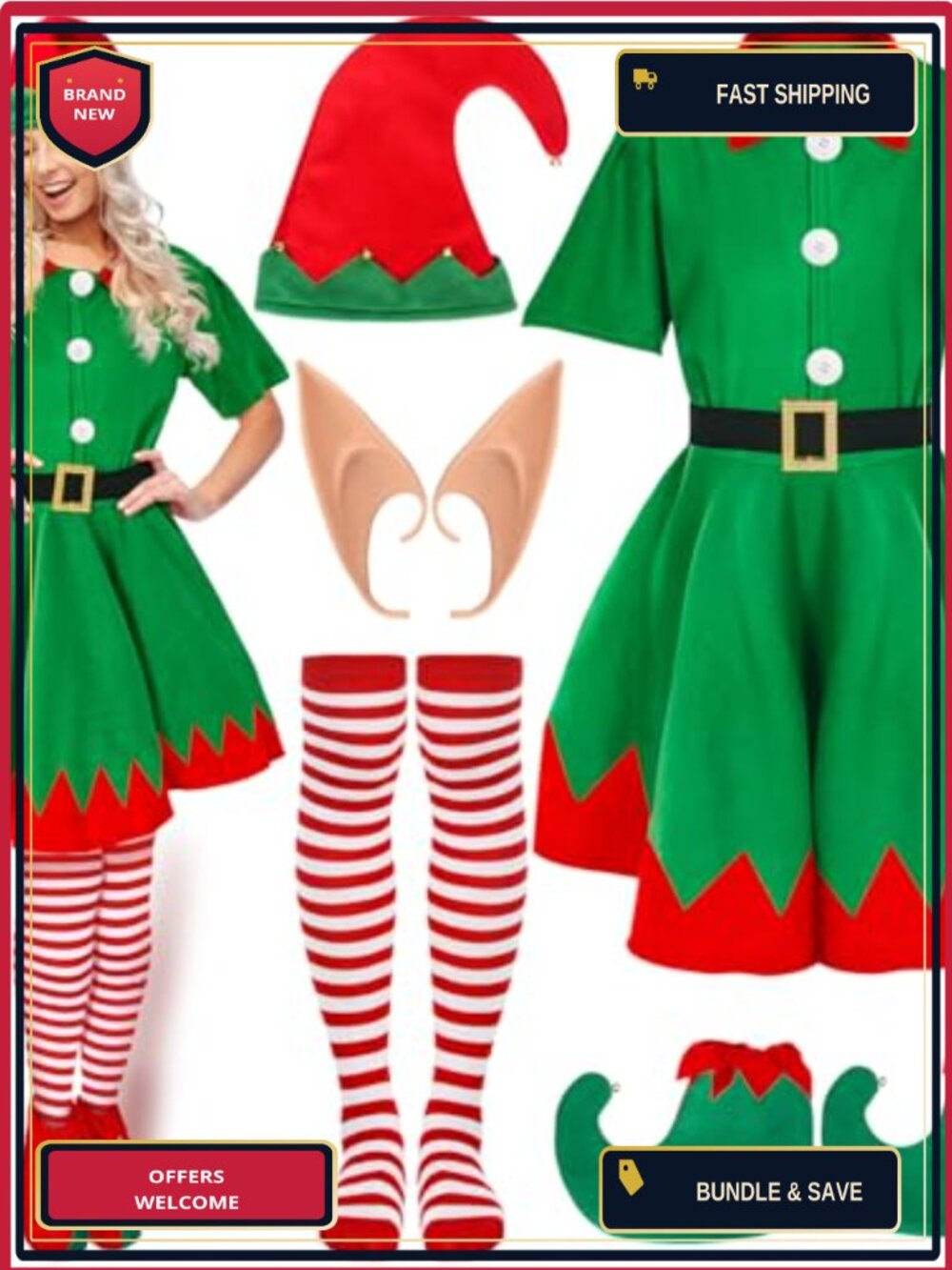 6 Pc Women Elf Costume Christmas Dress Set Corduroy Felt Holiday Party